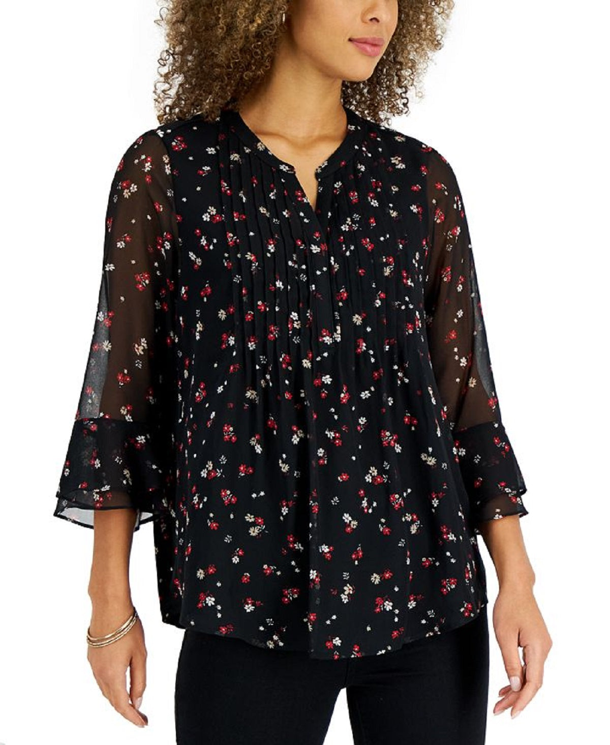 Charter Club Women's Printed Pintuck Top Black Size Petite X-Large