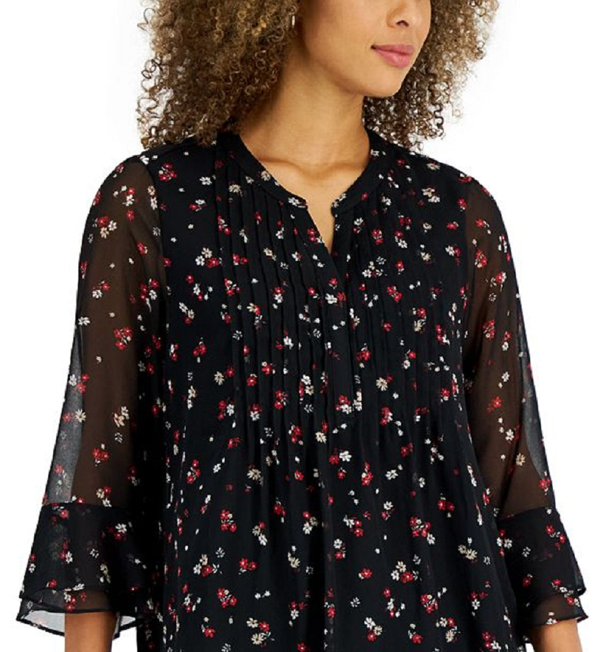 Charter Club Women's Printed Pintuck Top Black Size Petite X-Large