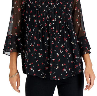 Charter Club Women's Printed Pintuck Top Black Size Petite X-Large