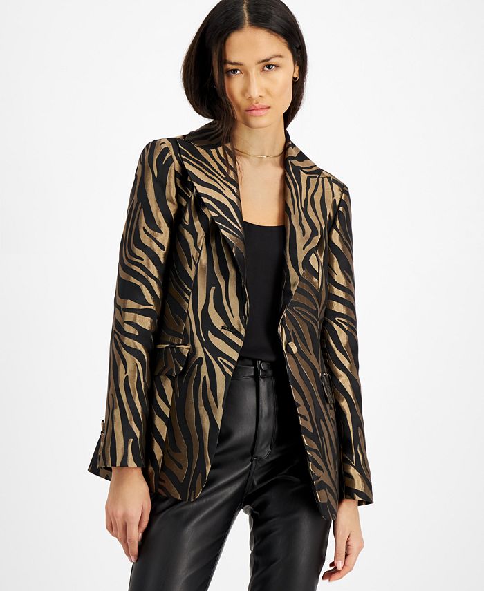 INC International Concepts Women's Metallic Jacquard Blazer Black Size Small