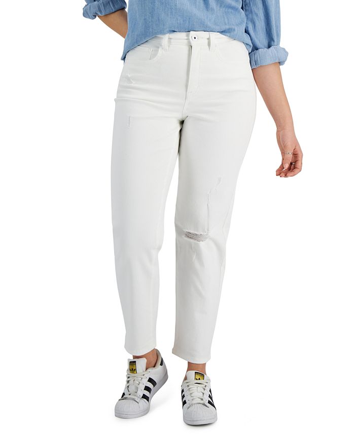 Style & Co Women's Destructed Straight Leg Mom Jeans White Size 14