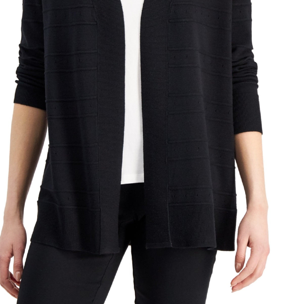 Karen Scott Women's Pointelle Open Cardigan Black Size Large