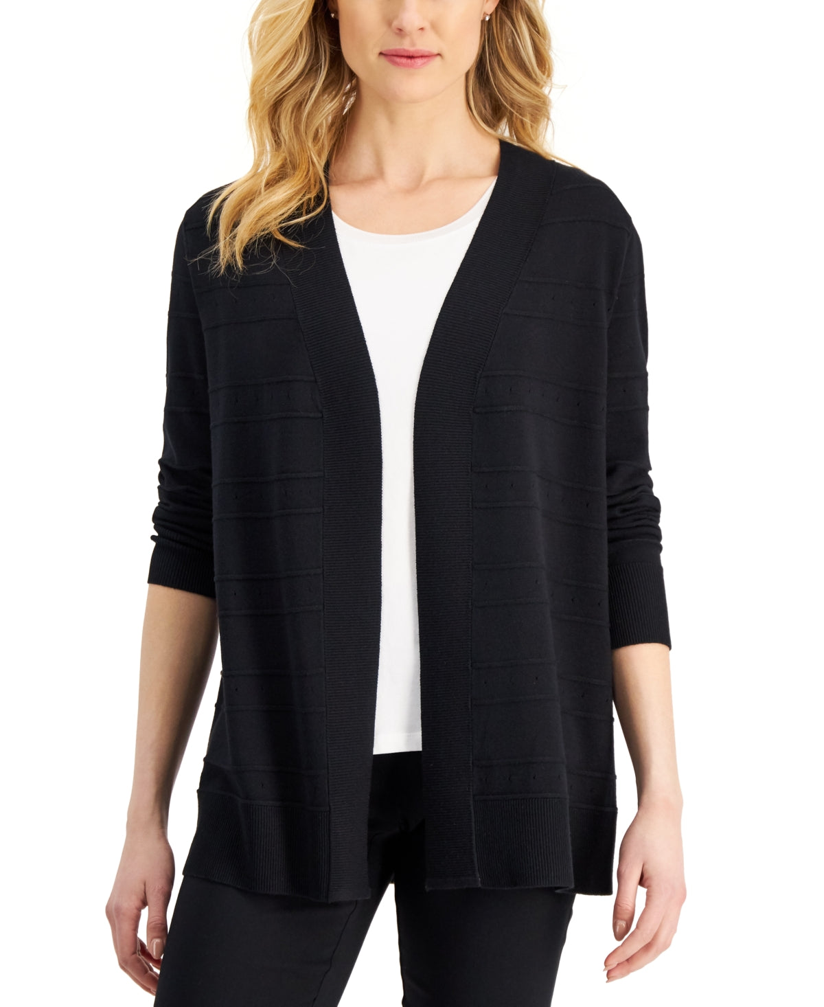 Karen Scott Women's Pointelle Open Cardigan Black Size Large
