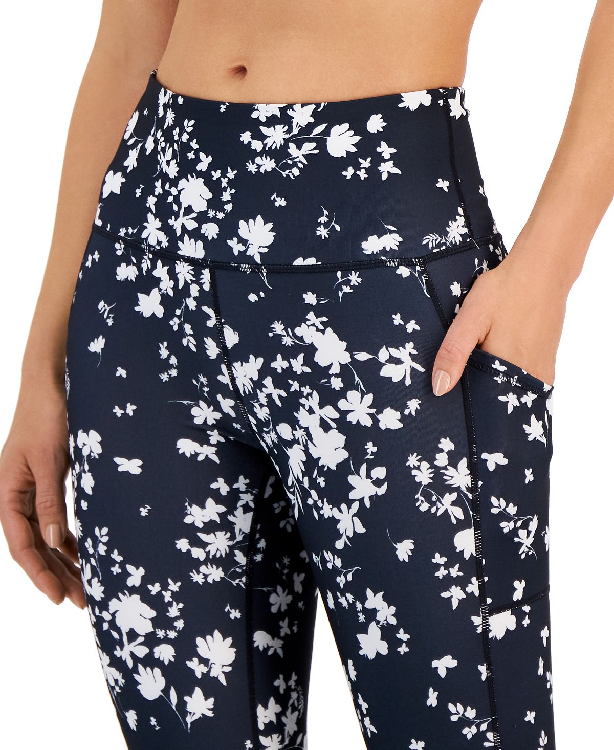 ID Ideology Women's Compression Floral Print Side Pocket 7/8 Leggings Black Size Medium