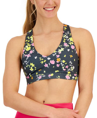 ID Ideology Women's Active Pansy Print Strappy Back Low Impact Sports Bra Gray Size X-Small