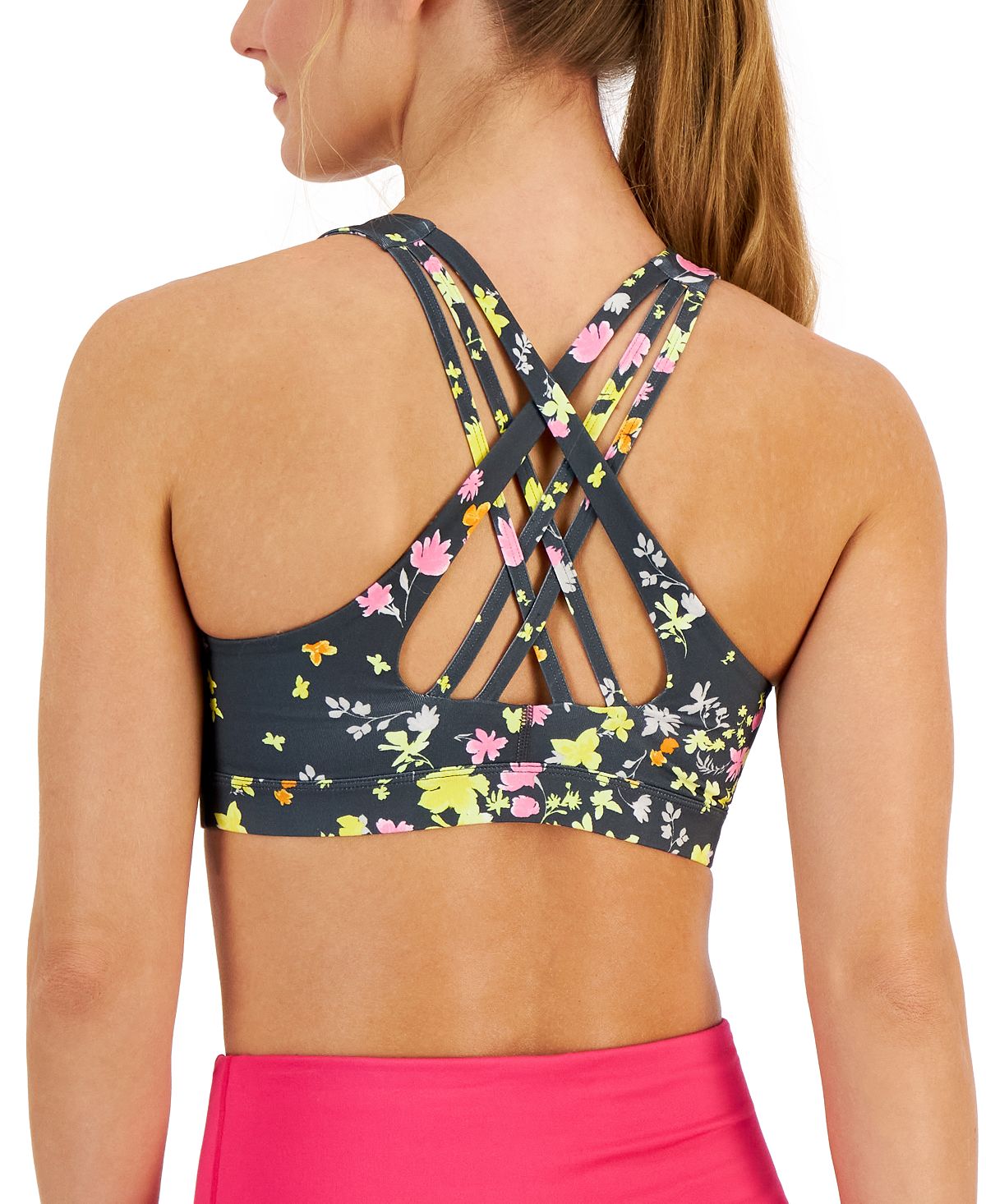 ID Ideology Women's Active Pansy Print Strappy Back Low Impact Sports Bra Gray Size X-Small