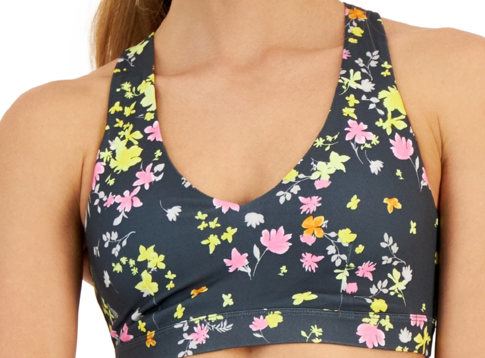 ID Ideology Women's Active Pansy Print Strappy Back Low Impact Sports Bra Gray Size X-Small