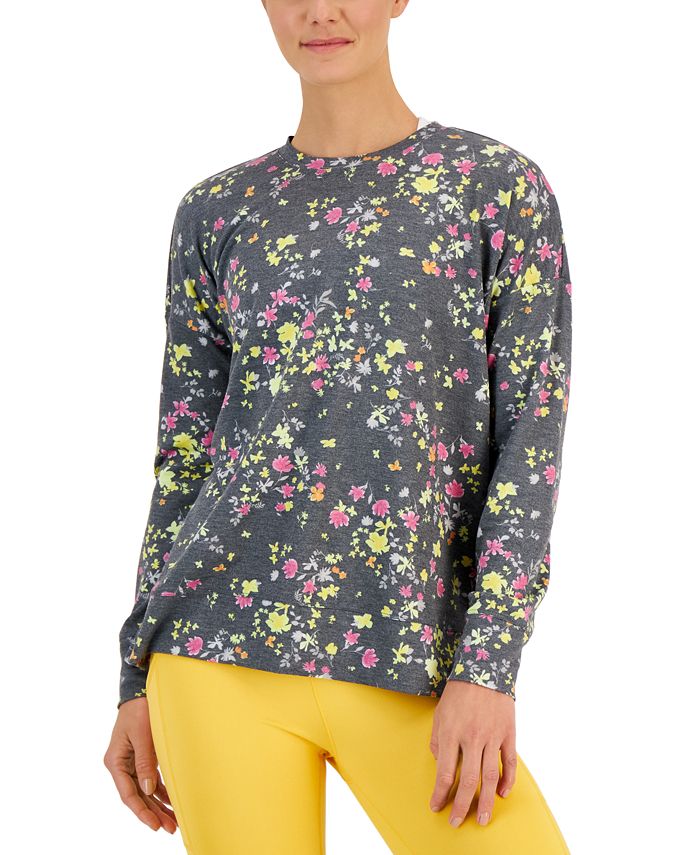 ID Ideology Women's Active Pansy Print Side Slit Relaxed Crewneck Sweatshirt Gray Size X-Large