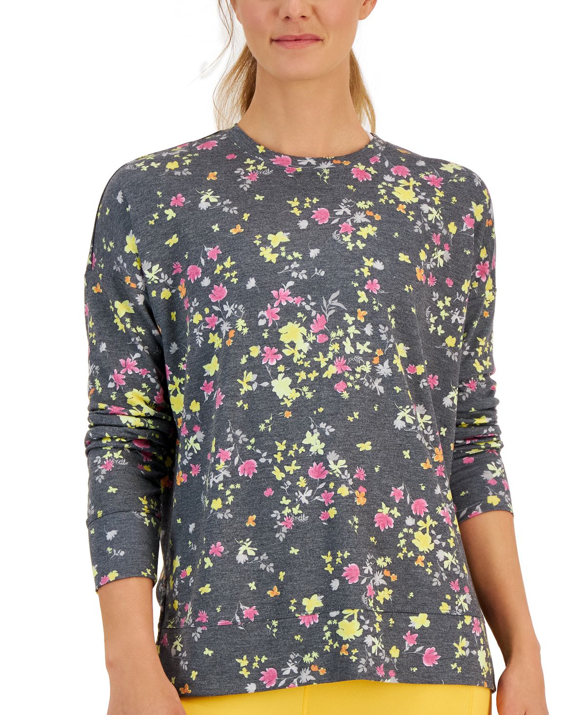 ID Ideology Women's Active Pansy Print Side Slit Relaxed Crewneck Sweatshirt Gray Size X-Large