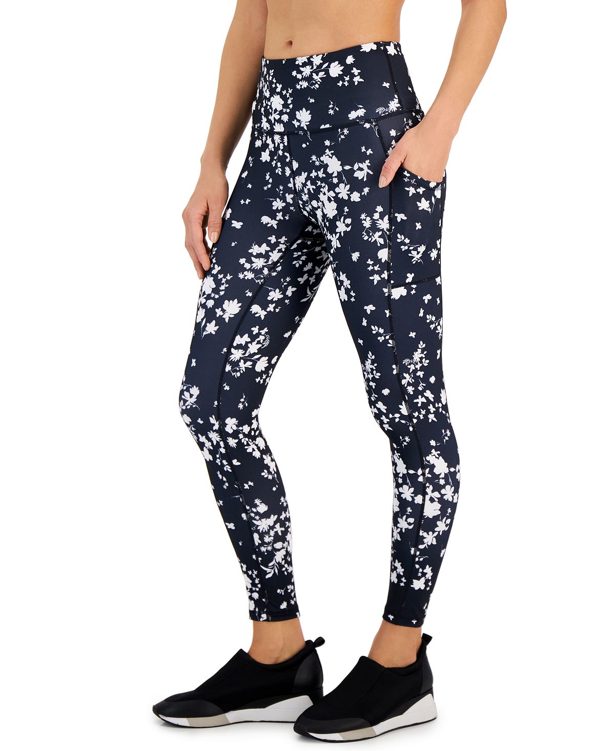 ID Ideology Women's Compression Floral Print Side Pocket 7/8 Leggings Gray Size Small