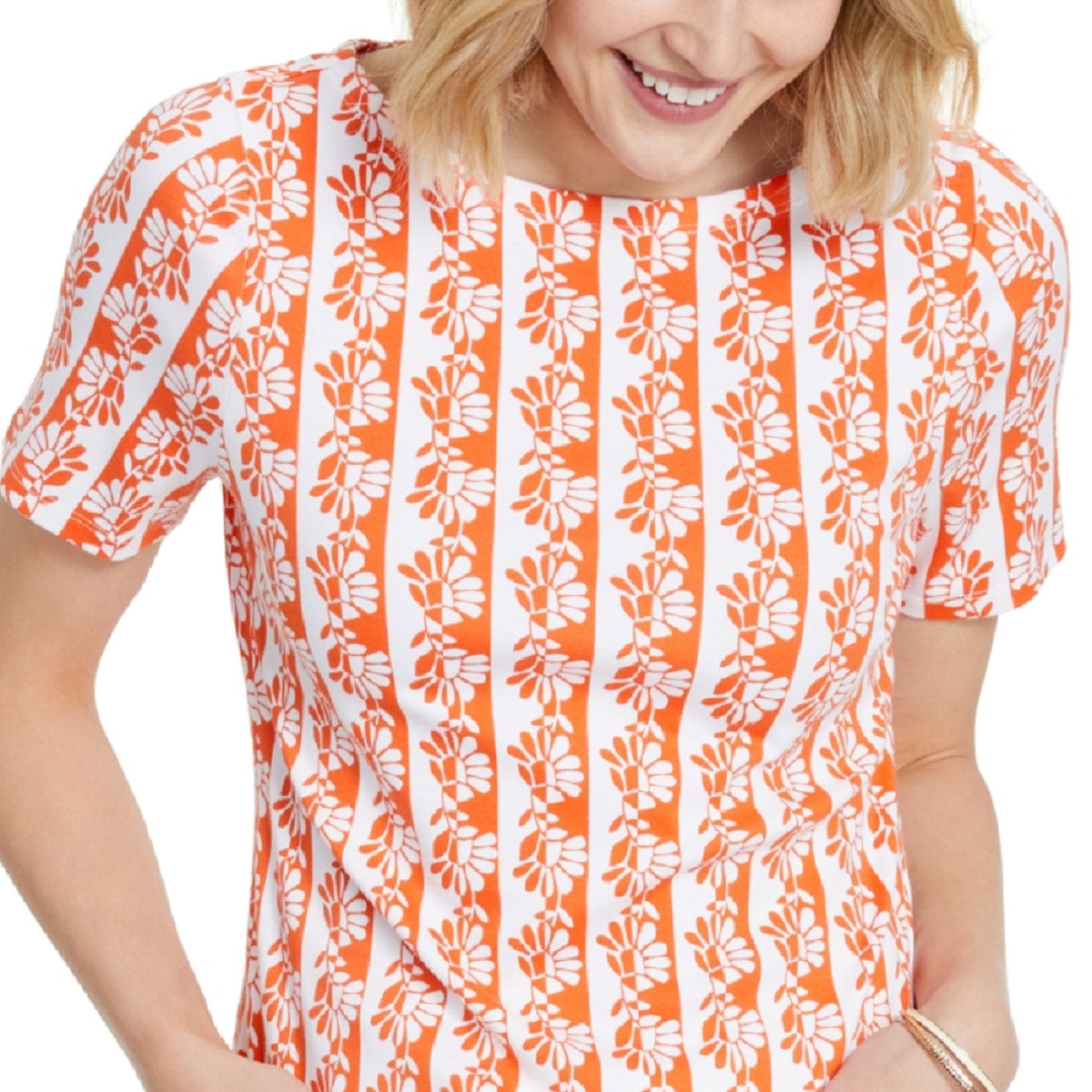 Charter Club Women's Cotton Printed Boat Neck Top Orange Size Medium