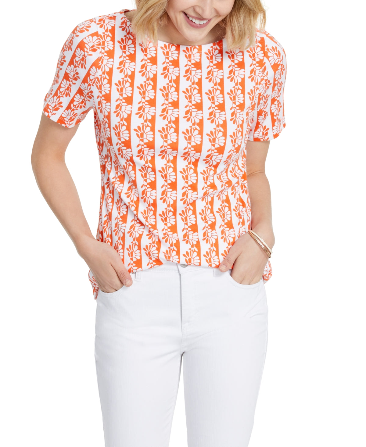 Charter Club Women's Cotton Printed Boat Neck Top Orange Size Medium