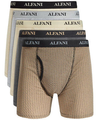 Alfani Men's 5 Pk Tile & Solid Boxer Briefs Brown Size Small