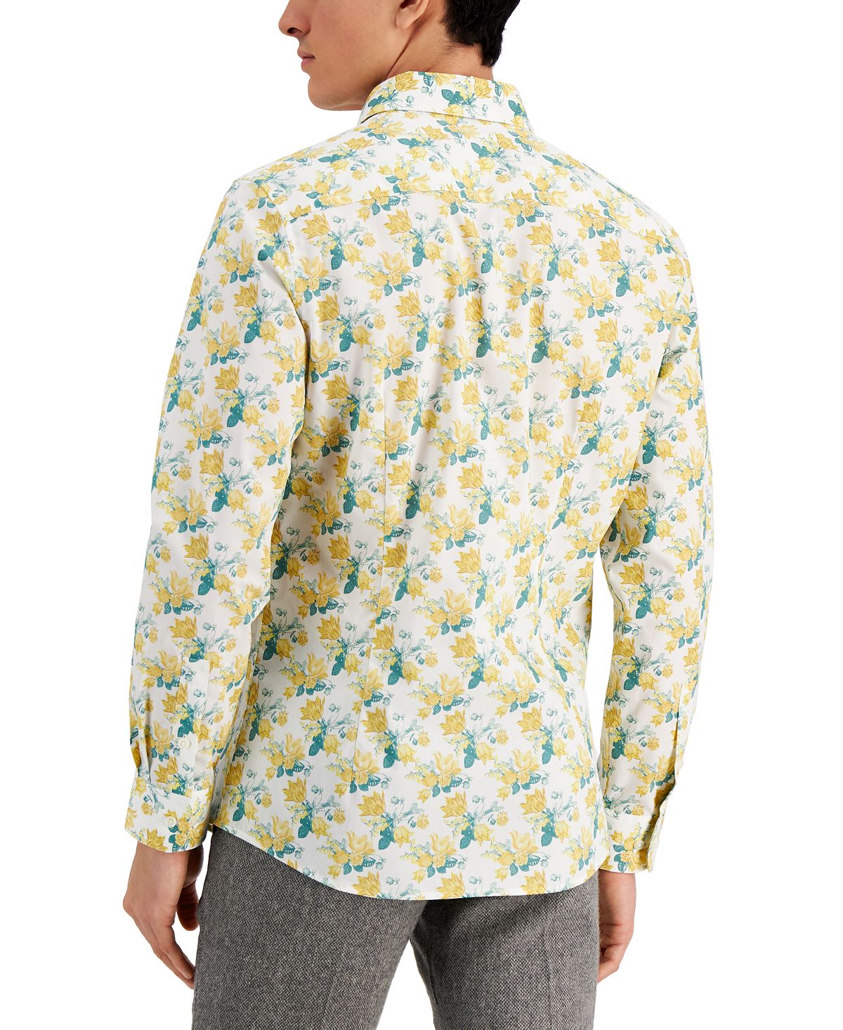 Bar III Men's Slim Fit Watercolor Floral Dress Shirt Yellow Size Large