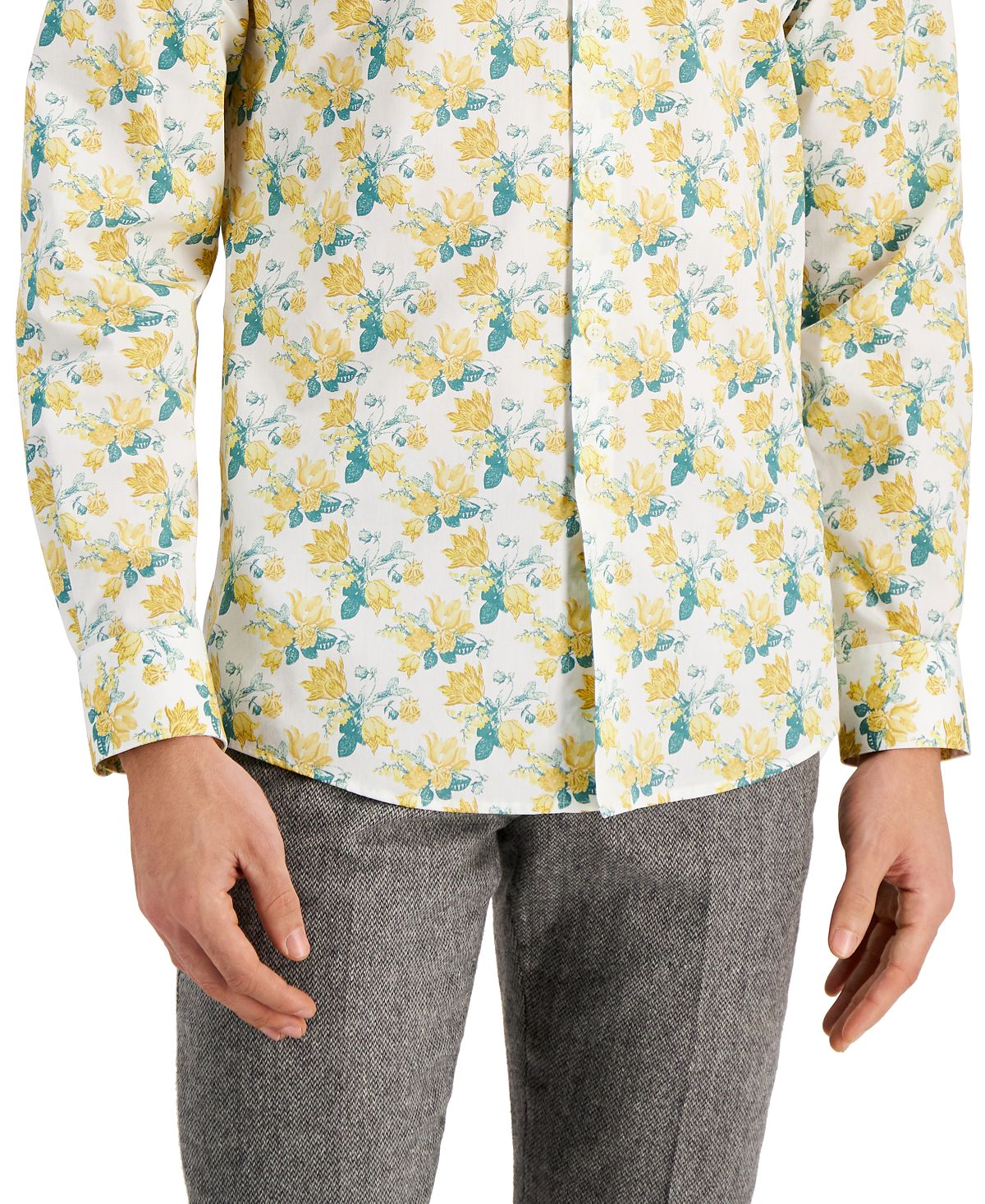 Bar III Men's Slim Fit Watercolor Floral Dress Shirt Yellow Size Large