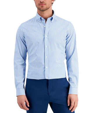 Club Room Men's Slim Fit 4 Way Stretch Stripe Dress Shirt Blue Size Medium