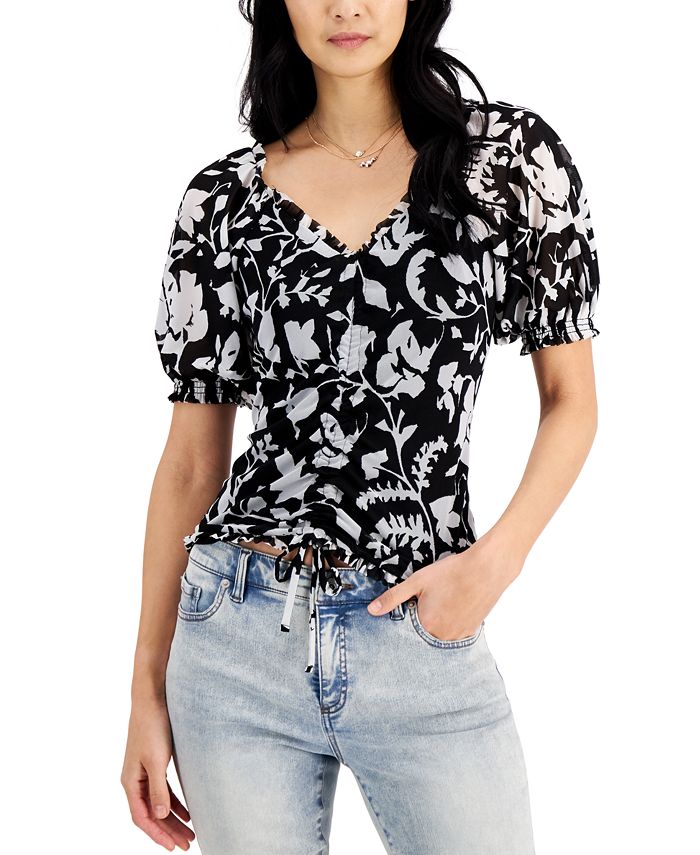 INC International Concepts Women's Printed Puff Sleeve Top Black Size Medium