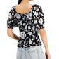 INC International Concepts Women's Printed Puff Sleeve Top Black Size Medium