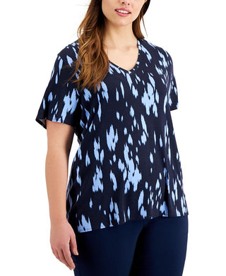 Alfani Women's Printed V Neck T-Shirt Blue Size 0X