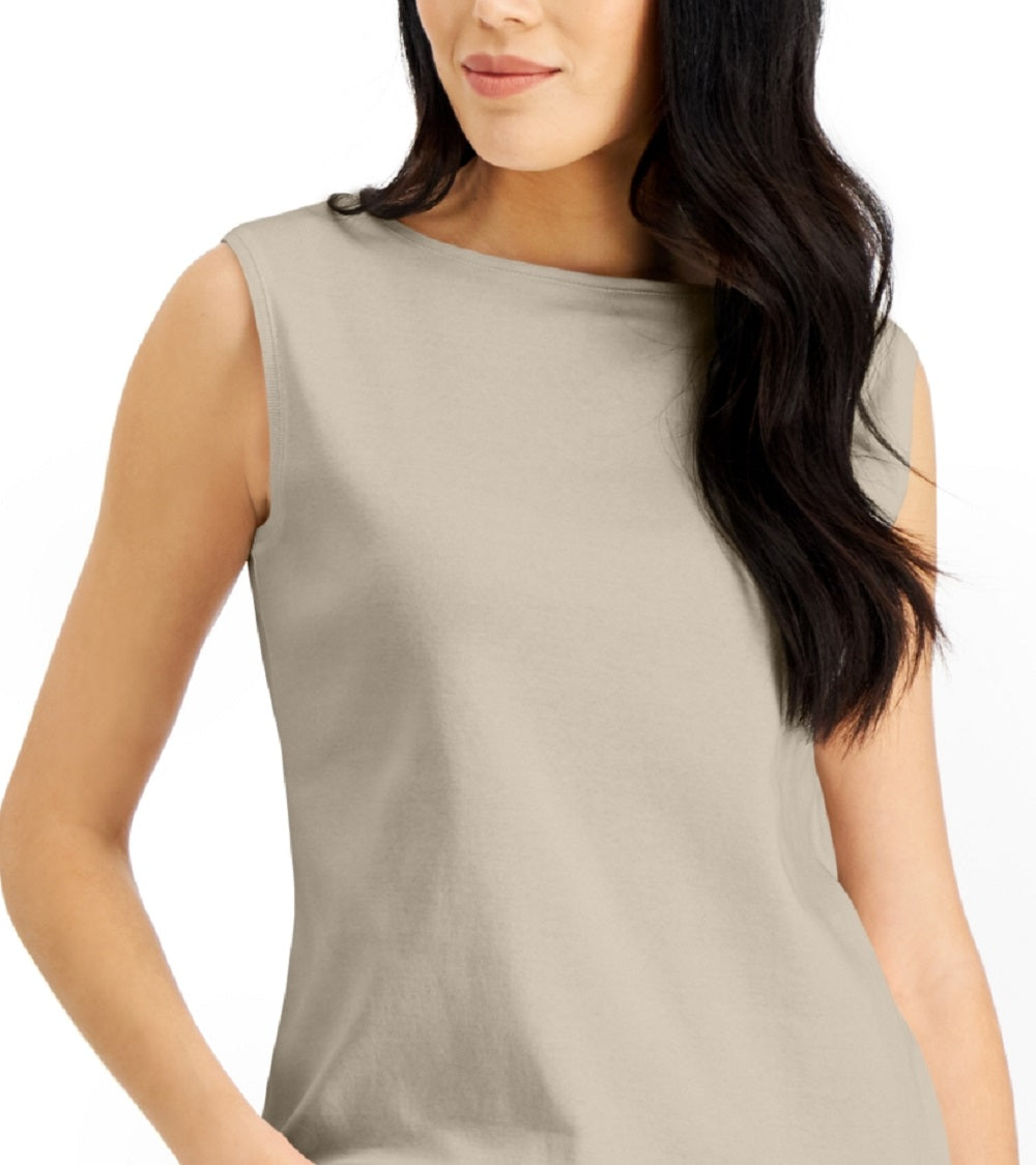 Karen Scott Women's Cotton Boat Neck Tank Top Beige Size Medium