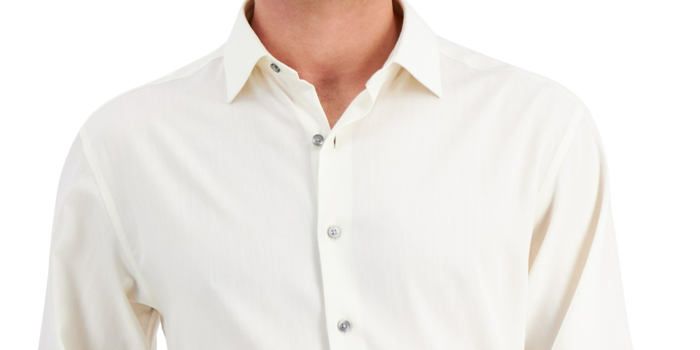 Alfani Men's Regular Fit 2 Way Stretch Herringbone Dress Shirt Beige Size 17X34X35