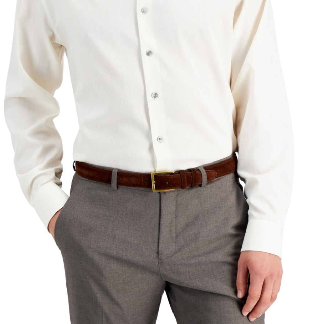 Alfani Men's Regular Fit 2 Way Stretch Herringbone Dress Shirt Brown Size 34X35