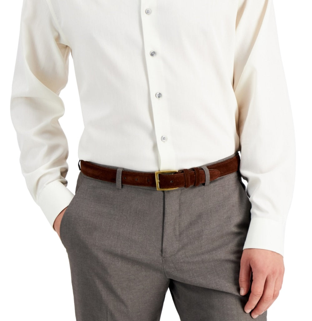 Alfani Men's Regular Fit 2 Way Stretch Herringbone Dress Shirt Brown Size 34X35