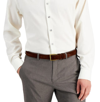 Alfani Men's Regular Fit 2 Way Stretch Herringbone Dress Shirt Brown Size 34X35