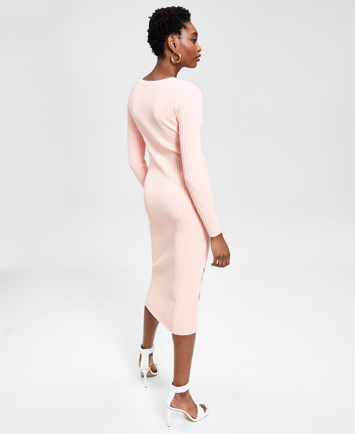 INC International Concepts Women's Ribbed MIDI Fitted Solid Sweater Dress Pink Size XL