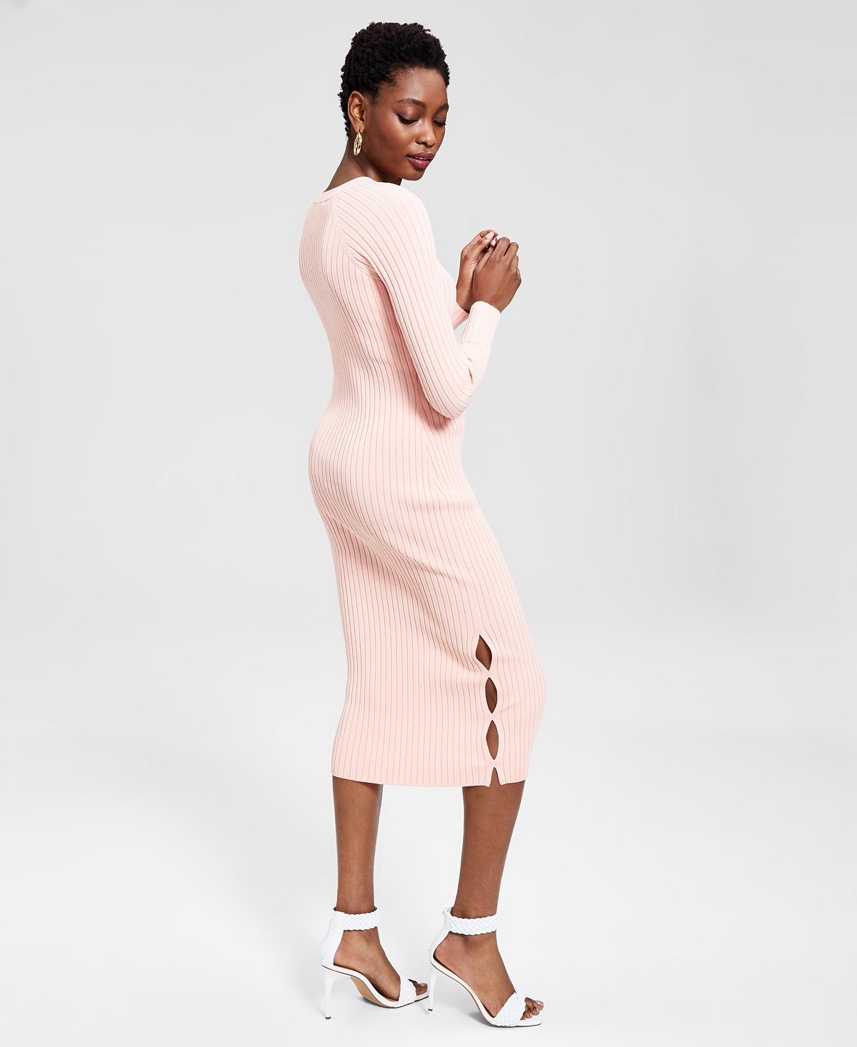 INC International Concepts Women's Ribbed MIDI Fitted Solid Sweater Dress Pink Size XL