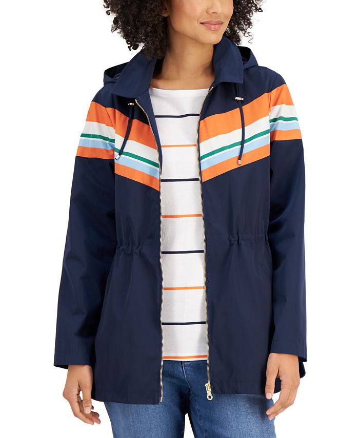 Charter Club Women's Striped Zippered Coat Blue Size X-Large