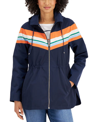 Charter Club Women's Striped Zippered Coat Blue Size X-Large