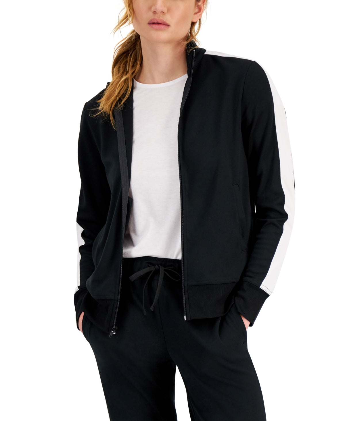 ID Ideology Women's Zip Striped Sleeve Track Jacket Black Size Large