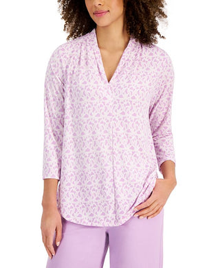 Charter Club Women's Lace Print 3/4 Sleeve Top Purple Size X-Large