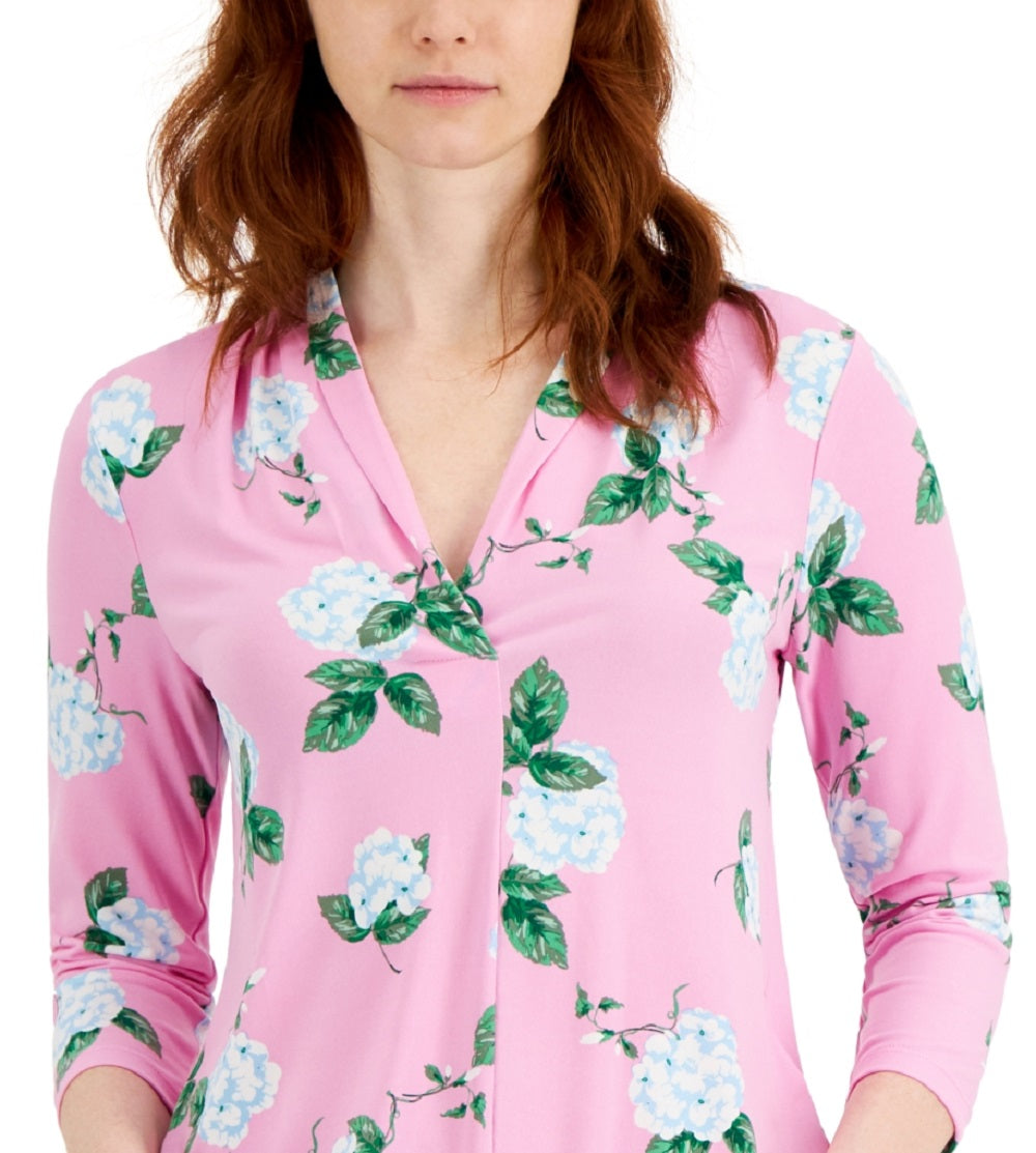 Charter Club Women's Floral Print 3/4 Sleeve Knit Top Pink Size X-Large