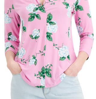 Charter Club Women's Floral Print 3/4 Sleeve Knit Top Pink Size X-Large