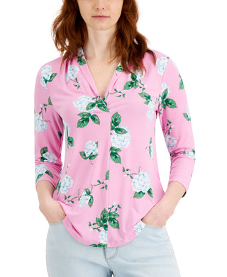 Charter Club Women's Floral Print 3/4 Sleeve Knit Top Pink Size X-Large