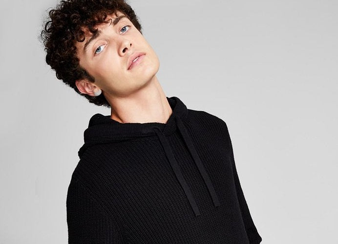 And Now This Men's Ribbed Knit Pullover Hooded Sweater Black