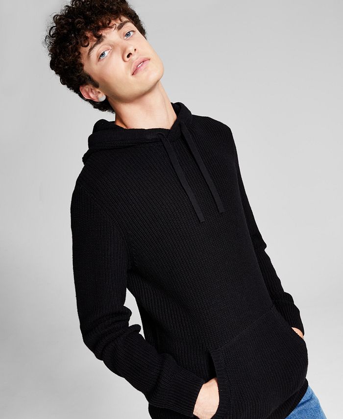 And Now This Men's Ribbed Knit Pullover Hooded Sweater Black