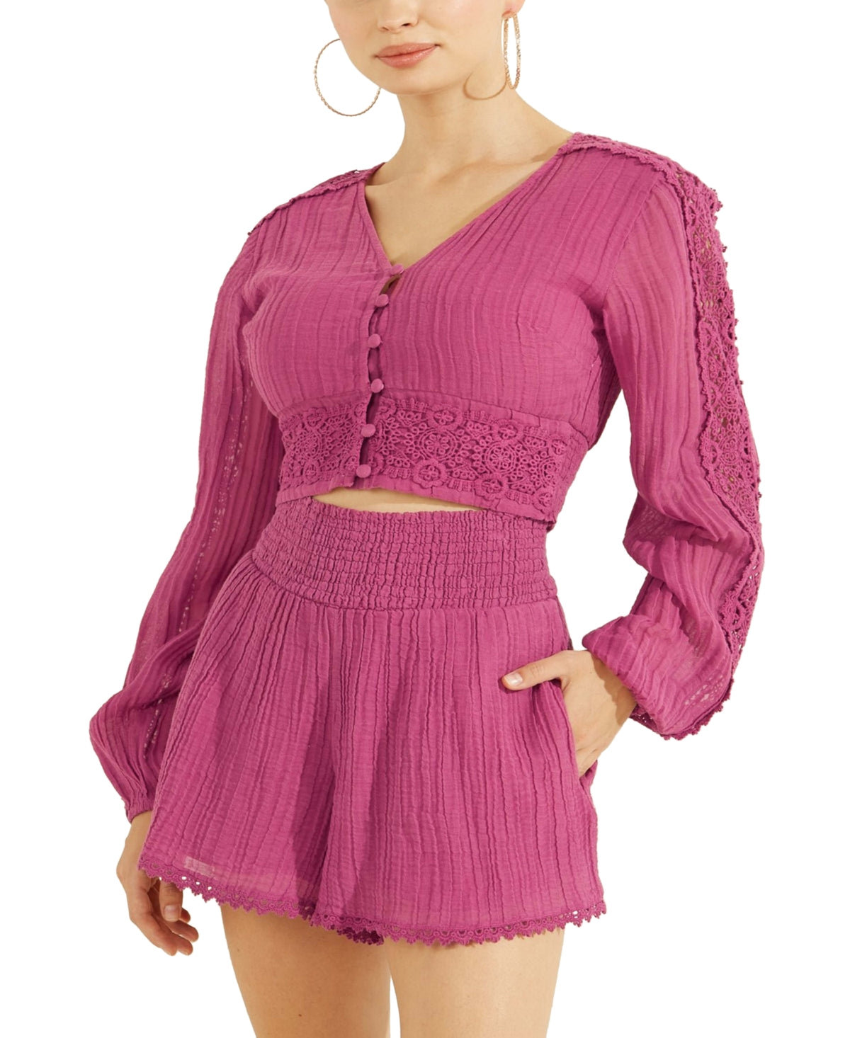 GUESS Women's Abigail Gauze Crop Top Purple Size Large