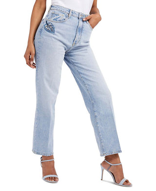 GUESS Women's Melrose Straight Leg Embellished Jeans Blue Size 28X30