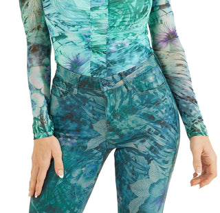 GUESS Women's Kimbra Shirred Mesh Top Blue Size X-Small