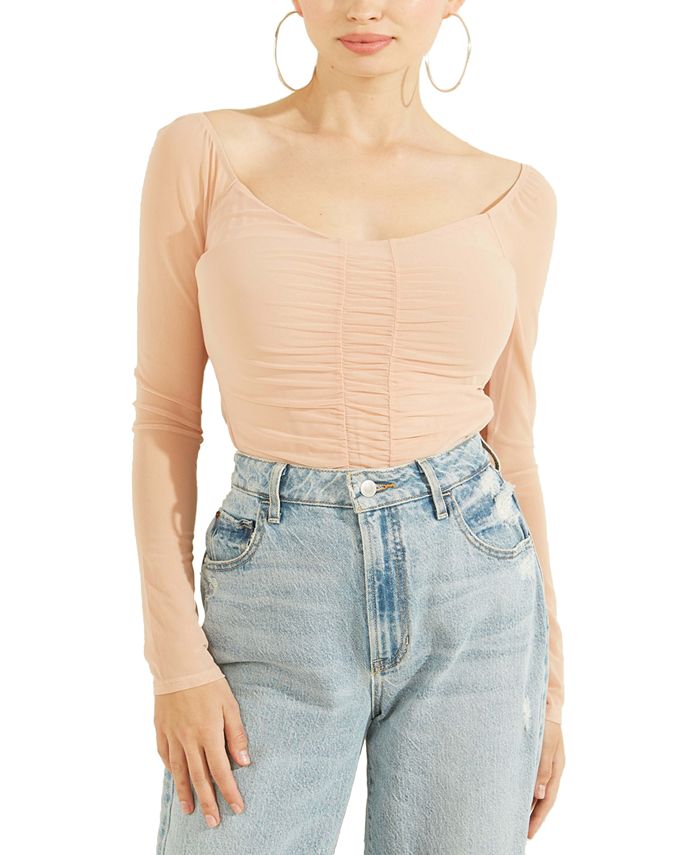GUESS Women's Kimbra Shirred Mesh Top Blue Size Large