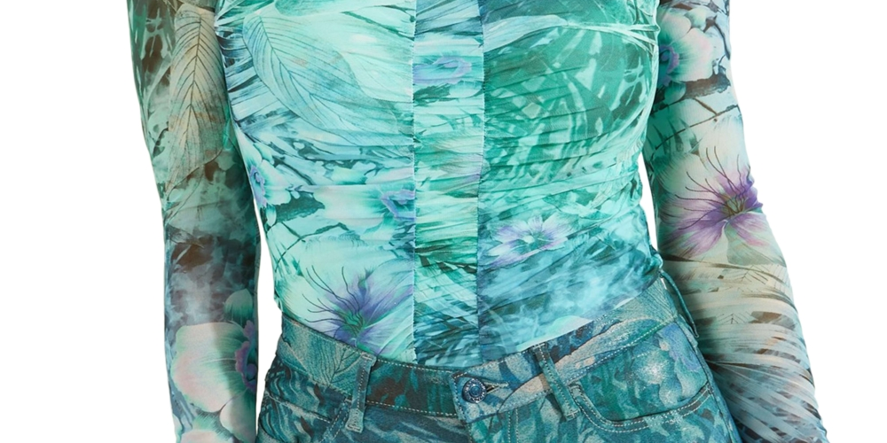 GUESS Women's Kimbra Shirred Mesh Top Blue Size Large