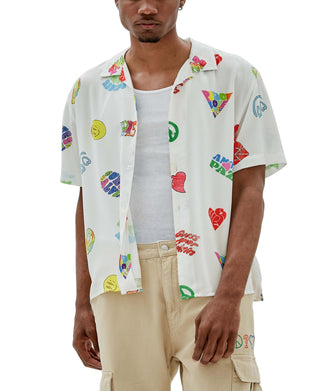 GUESS Men's Printed Camp Shirt White Size XX-Large