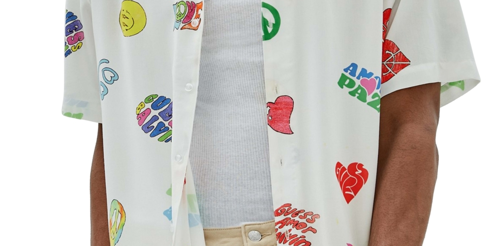 GUESS Men's Printed Camp Shirt White Size XX-Large