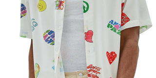 GUESS Men's Printed Camp Shirt White Size XX-Large