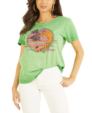 GUESS Women's Desert Tiger Graphic Print T-Shirt Green Size X-Large
