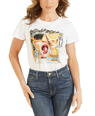 GUESS Women's Embellished Graphic Print Cotton T-Shirt White Size X-Small