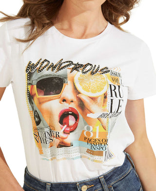 GUESS Women's Embellished Graphic Print Cotton T-Shirt White Size X-Small